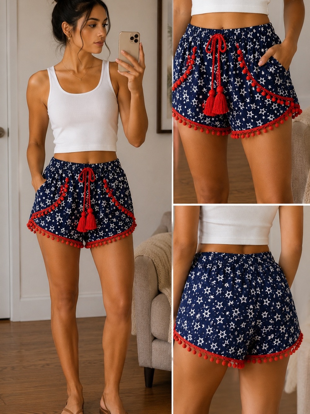 Boutique NWT Star Print Pom Pom Shorts / July 4th World Cup / Size Small - Picture 2 of 5